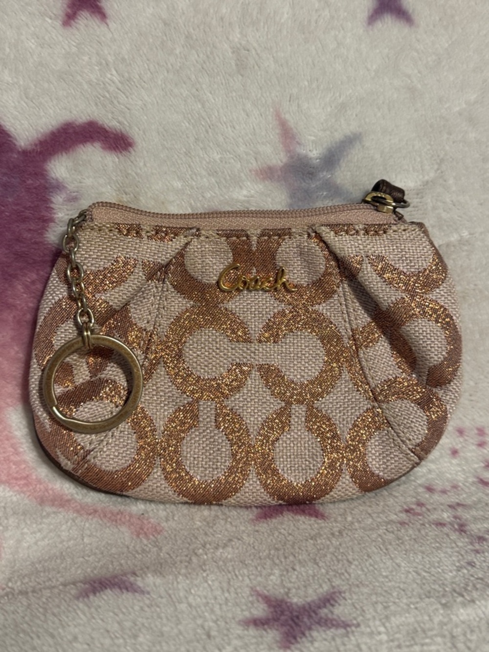 Coach Pink and Gold Signature Coin Pouch with Key Ring